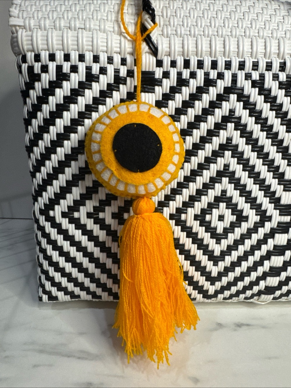 Yellow Felt Tassel Charm evil eye Mexican folk art bag charm handmade